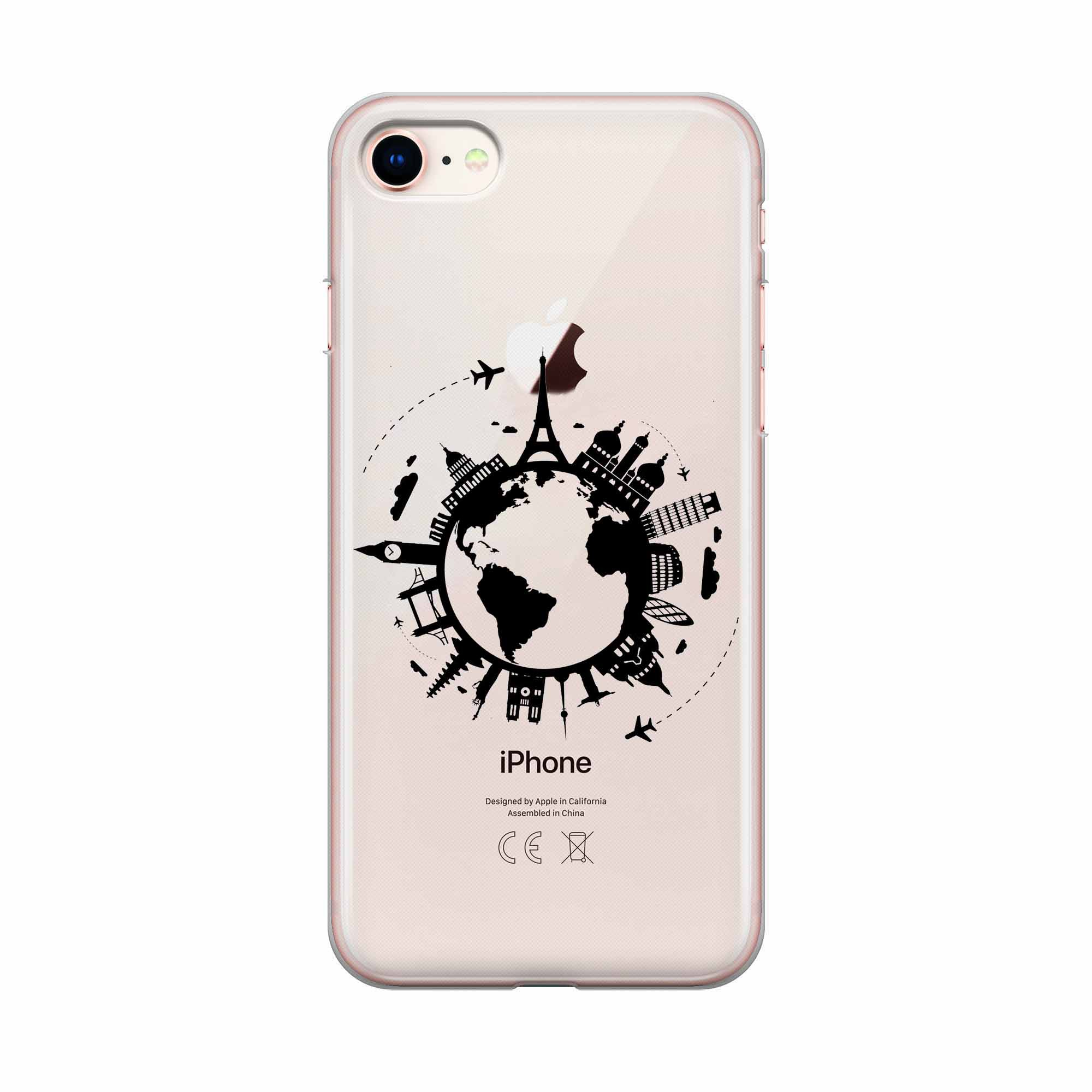 Image of Apfelkiste - iPhone SE (2022/2020) / 8 / 7 Gummi Schutzhülle Travel The World - Schwarz / Transparent bei Apfelkiste.ch