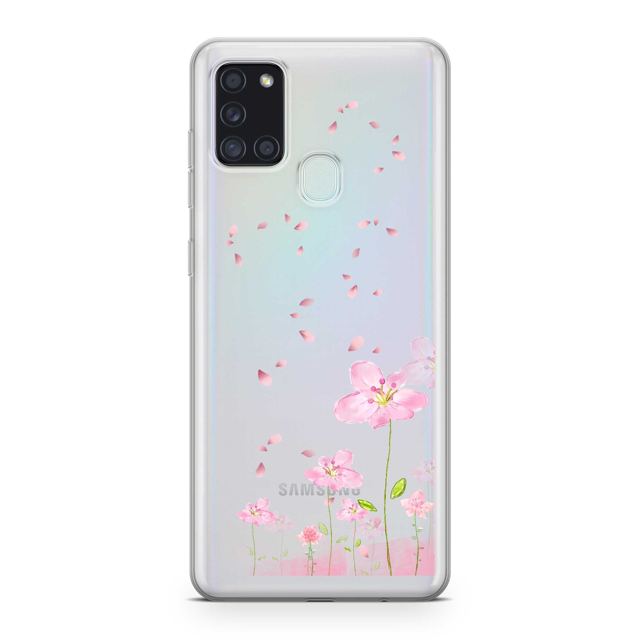 Image of Apfelkiste - Samsung Galaxy A21s Gummi Schutzhülle Flowers - Rosa / Transparent bei Apfelkiste.ch