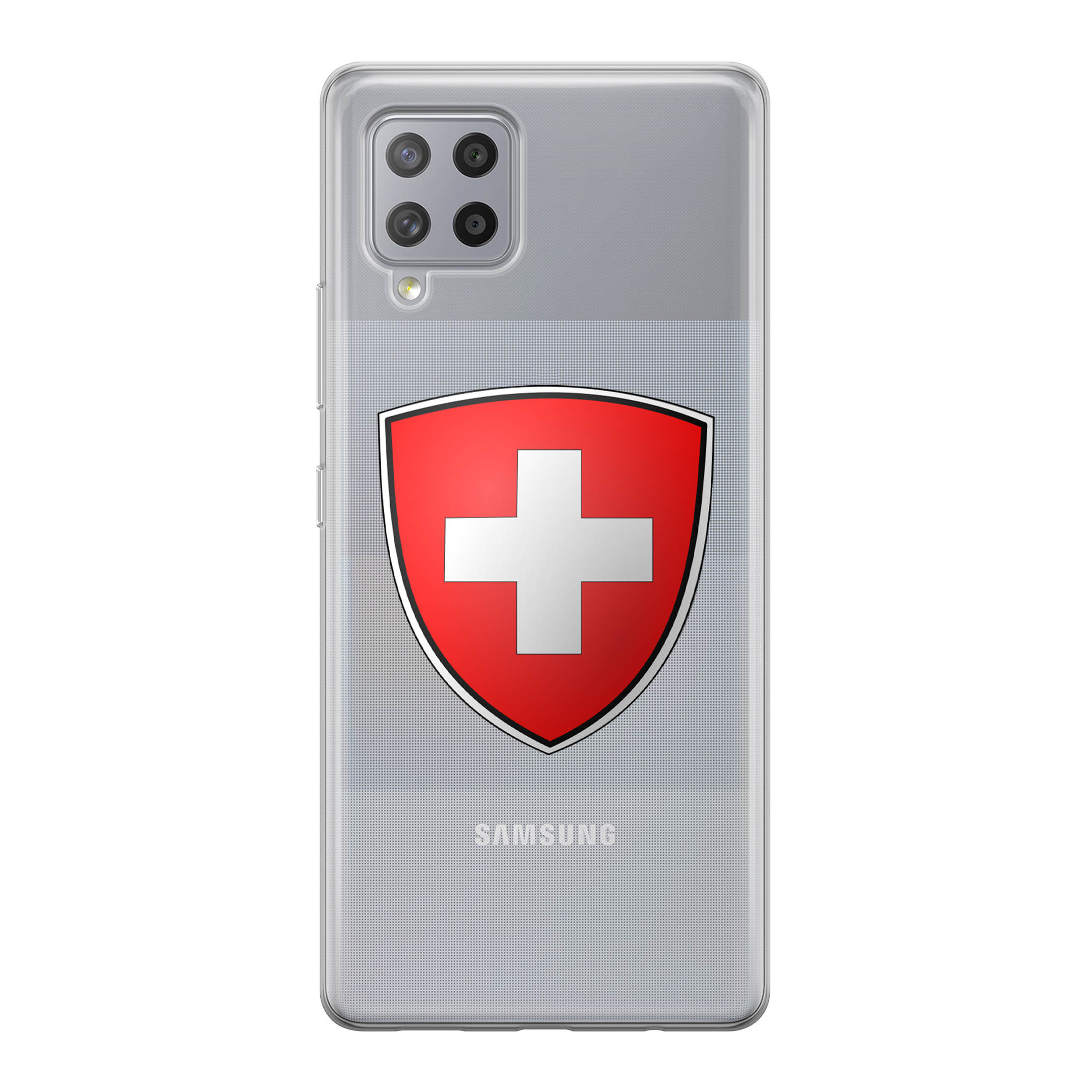 Image of Apfelkiste - Samsung Galaxy A42 5G Gummi Schutzhülle Schweizer Kreuz Design 2 - Transparent / Rot bei Apfelkiste.ch