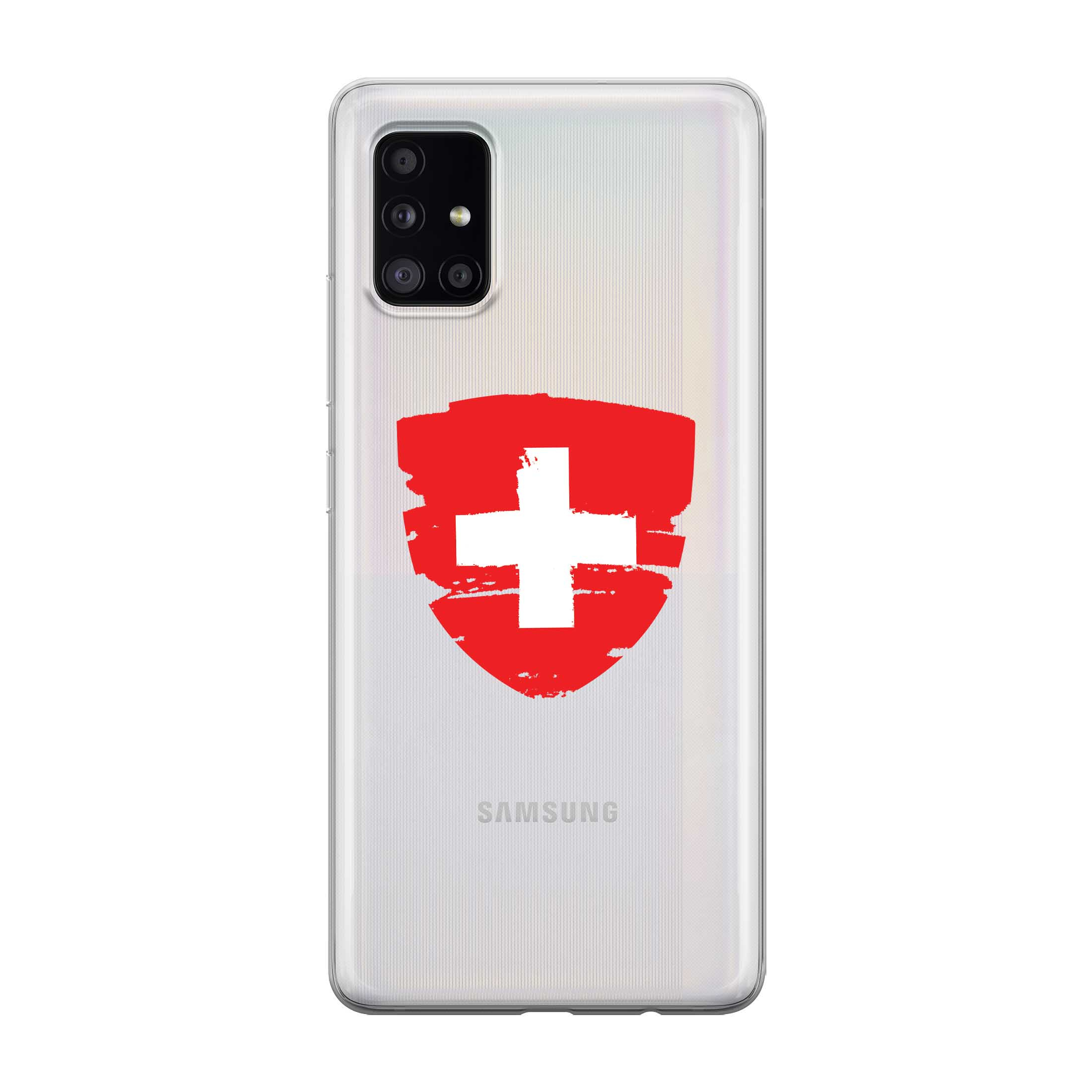 Image of Apfelkiste - Samsung Galaxy A51 5G (2020) Gummi Schutzhülle Schweizer Kreuz Vintage - Transparent / Rot bei Apfelkiste.ch