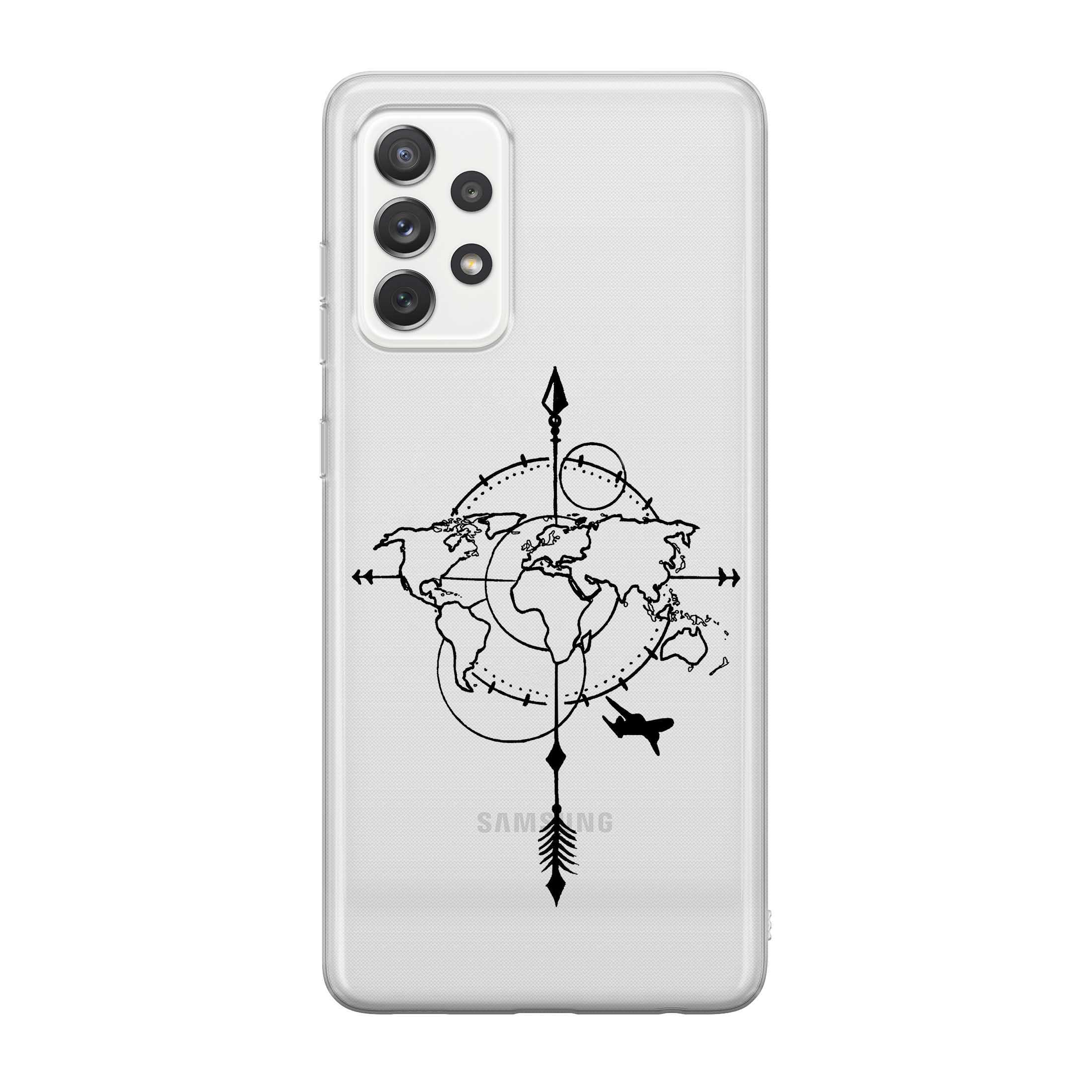 Image of Apfelkiste - Samsung Galaxy A52s 5G / A52 (5G) Gummi Schutzhülle Travel Compass - Schwarz / Transparent bei Apfelkiste.ch