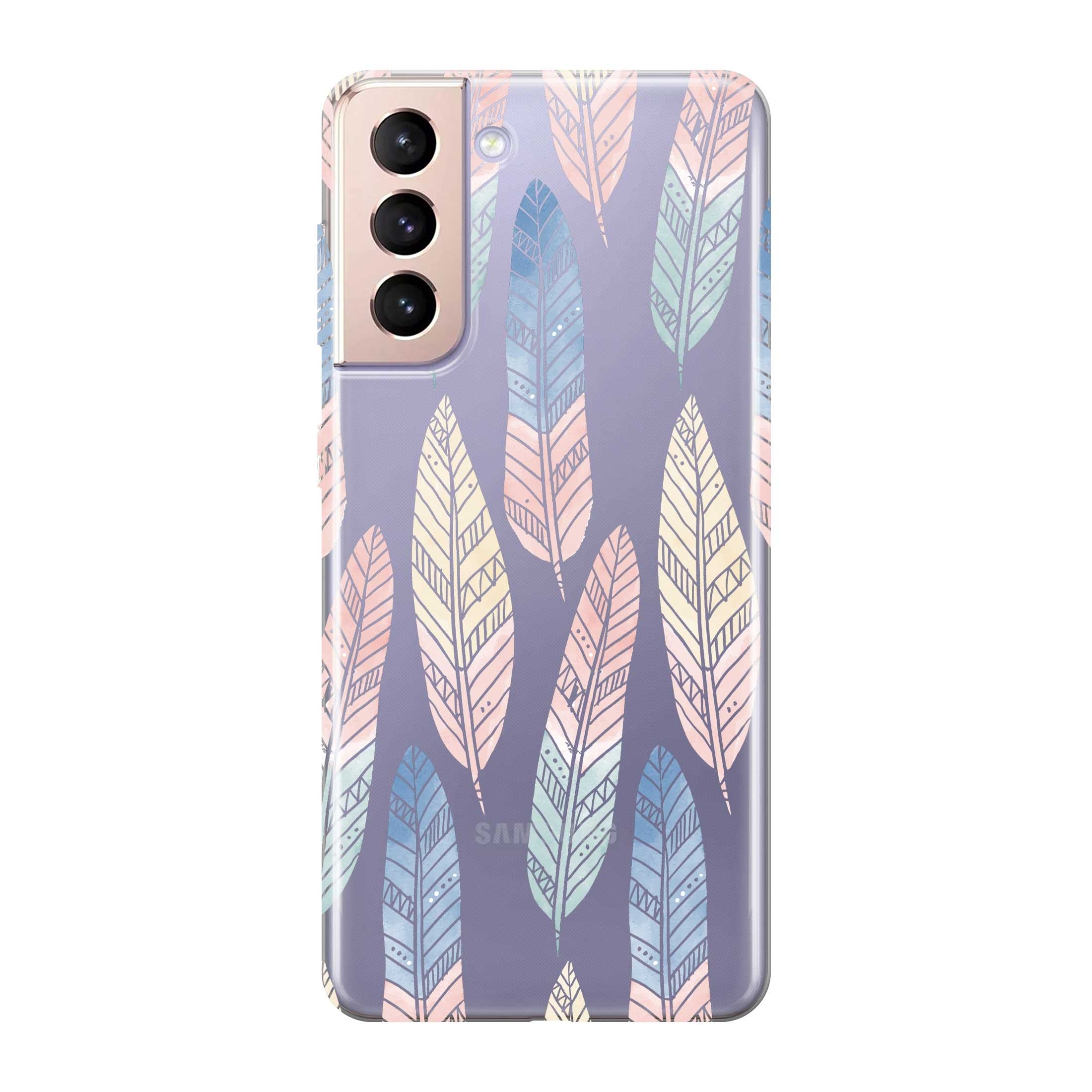 Image of Apfelkiste © - Samsung Galaxy S21 5G Gummi Schutzhülle Bunte Federn - Transparent bei Apfelkiste.ch