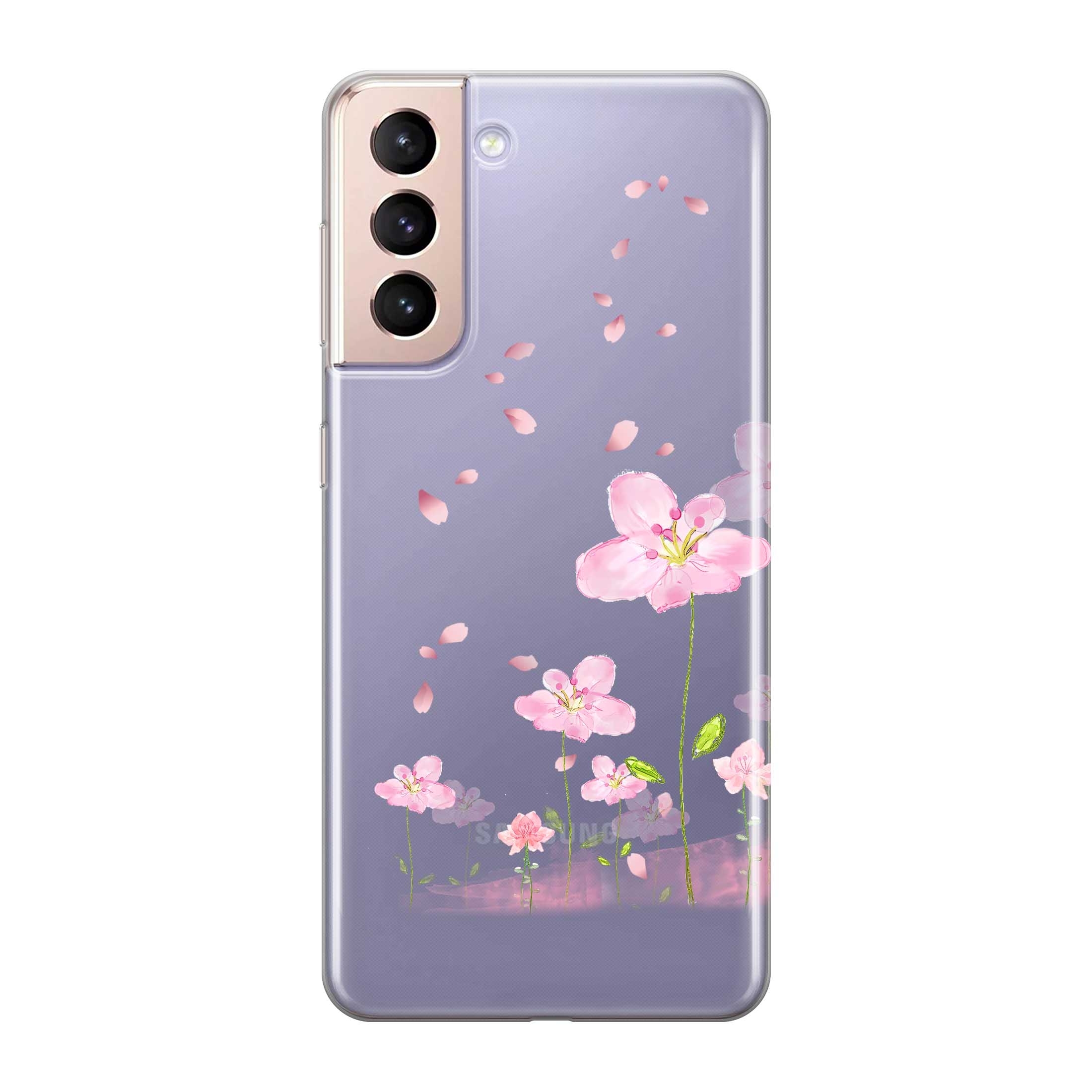 Image of Apfelkiste - Samsung Galaxy S21 5G Gummi Schutzhülle Flowers - Rosa / Transparent bei Apfelkiste.ch