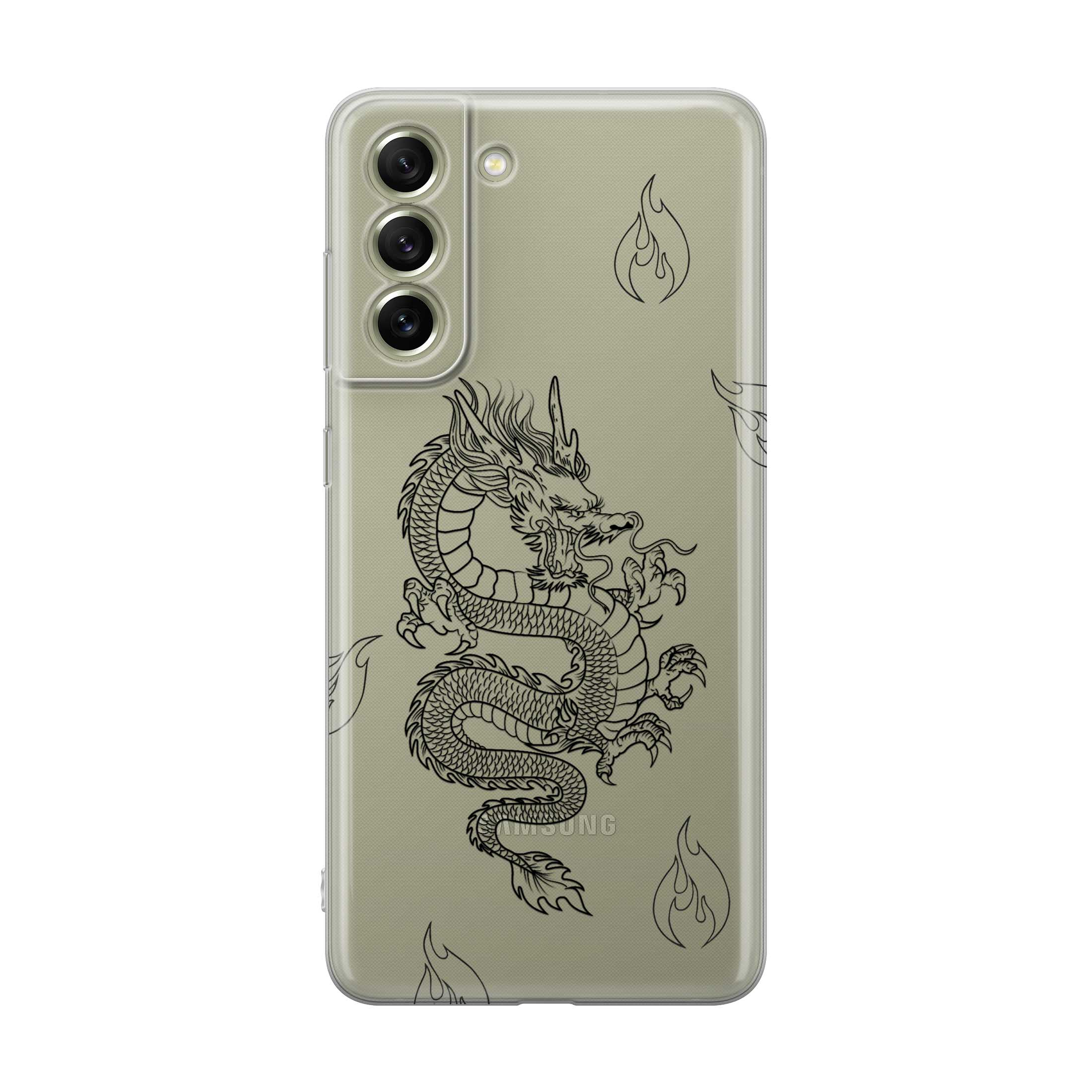 Image of Apfelkiste - Samsung Galaxy S21 FE 5G Gummi Schutzhülle Dragon - Schwarz / Transparent bei Apfelkiste.ch