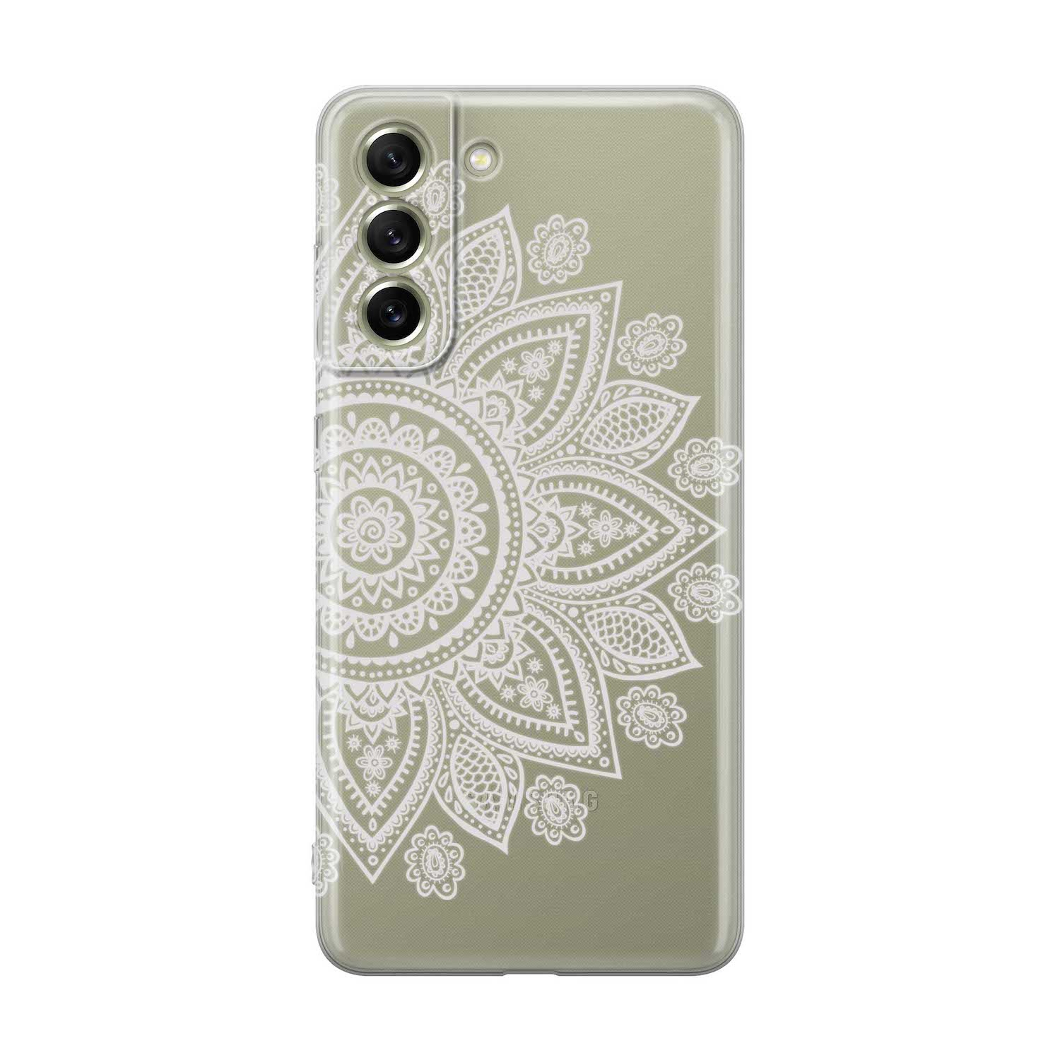 Image of Apfelkiste - Samsung Galaxy S21 FE 5G Gummi Schutzhülle Mandala Print - Transparent / Weiss bei Apfelkiste.ch