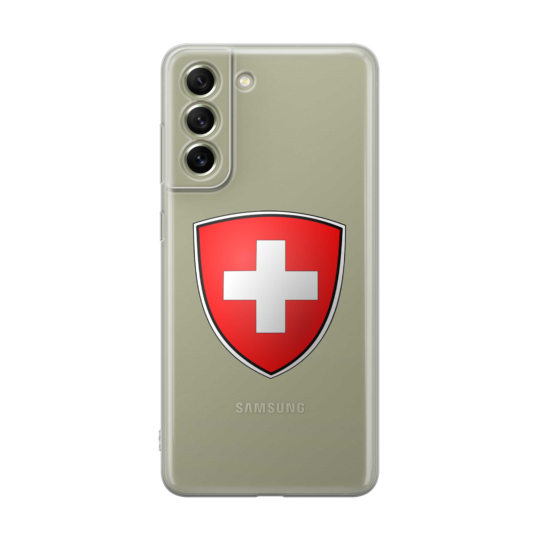 Image of Apfelkiste - Samsung Galaxy S21 FE 5G Gummi Schutzhülle Schweizer Kreuz Design 2 - Transparent / Rot bei Apfelkiste.ch