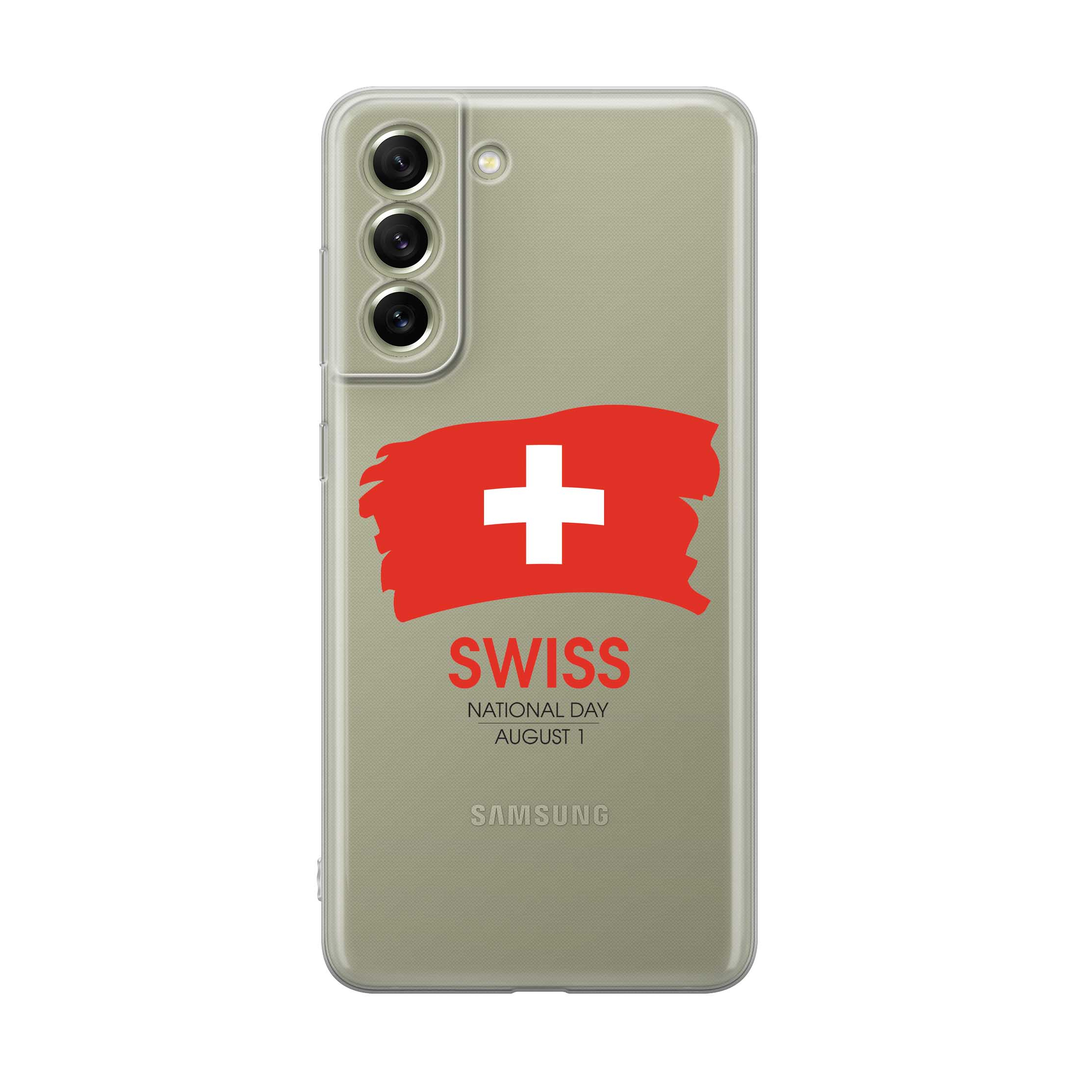 Image of Apfelkiste - Samsung Galaxy S21 FE 5G Gummi Schutzhülle Schweizer Kreuz Nationalfeiertag - Transparent / Rot bei Apfelkiste.ch