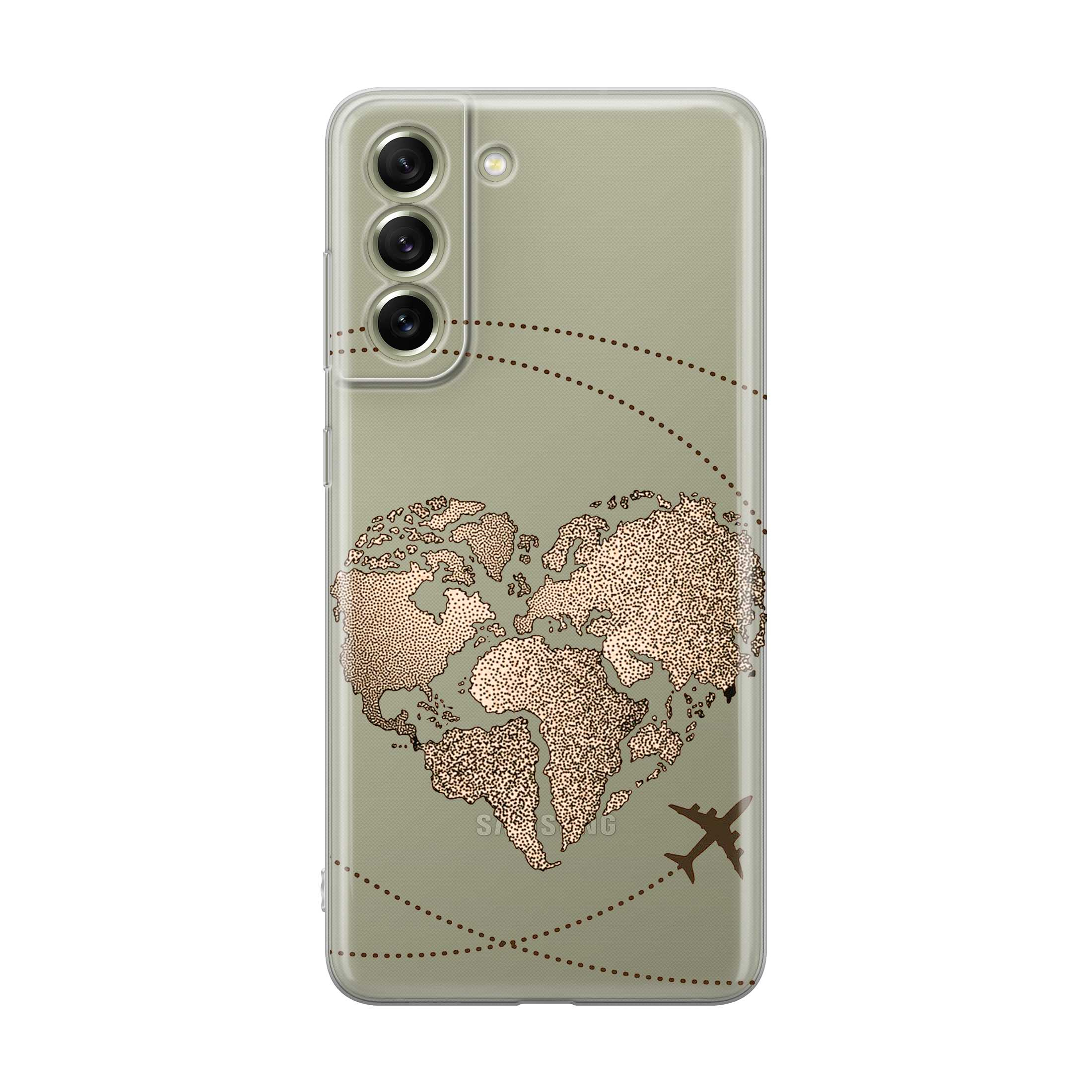 Image of Apfelkiste - Samsung Galaxy S21 FE 5G Gummi Schutzhülle Travel Heart - Gold / Transparent bei Apfelkiste.ch
