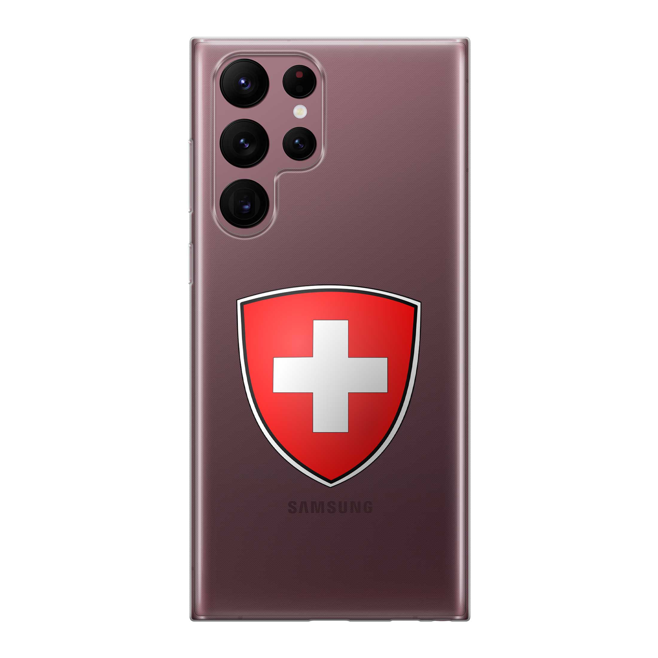 Image of Apfelkiste - Samsung Galaxy S22 Ultra 5G Gummi Schutzhülle Schweizer Kreuz Design 2 - Transparent / Rot bei Apfelkiste.ch