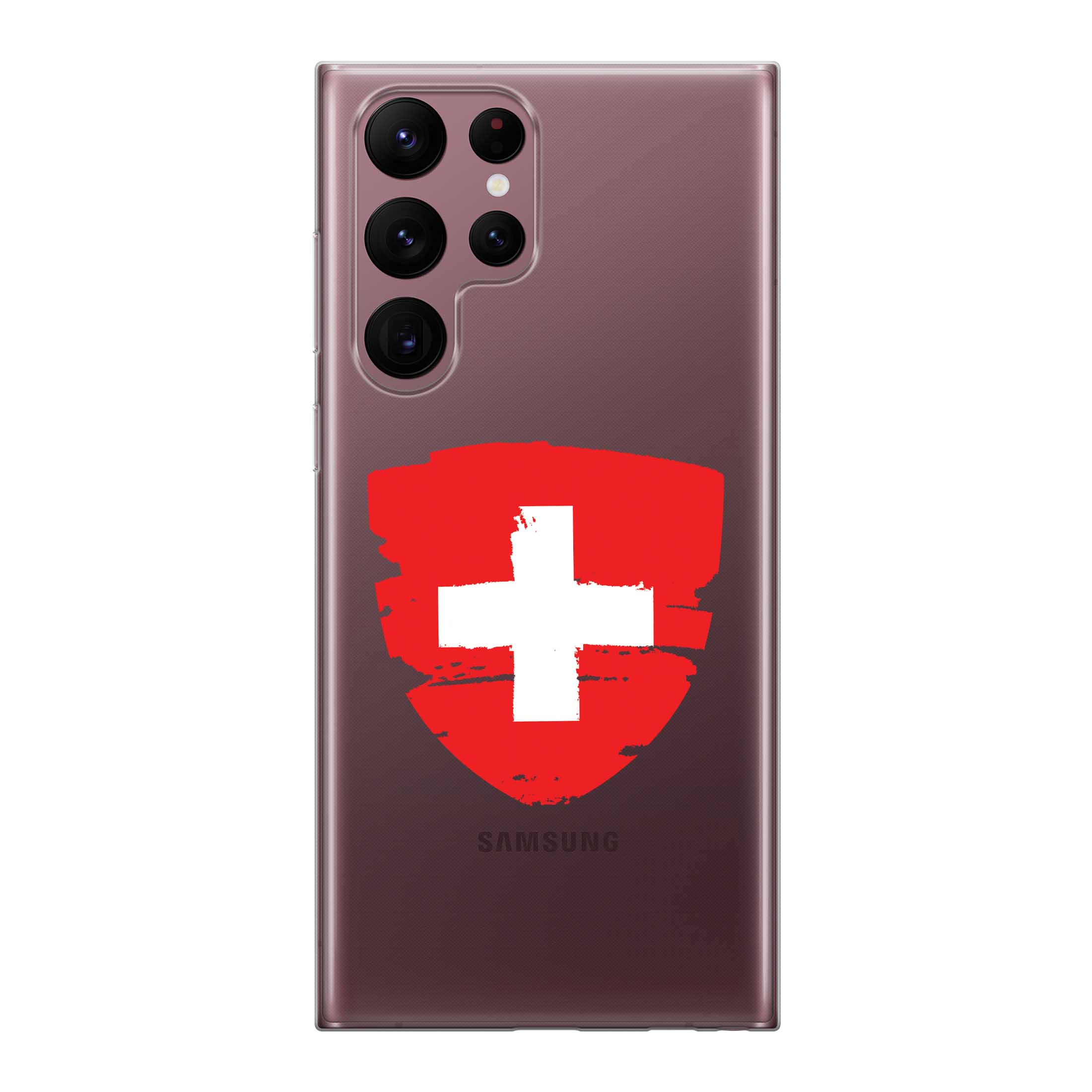 Image of Apfelkiste - Samsung Galaxy S22 Ultra 5G Gummi Schutzhülle Schweizer Kreuz Vintage - Transparent / Rot bei Apfelkiste.ch