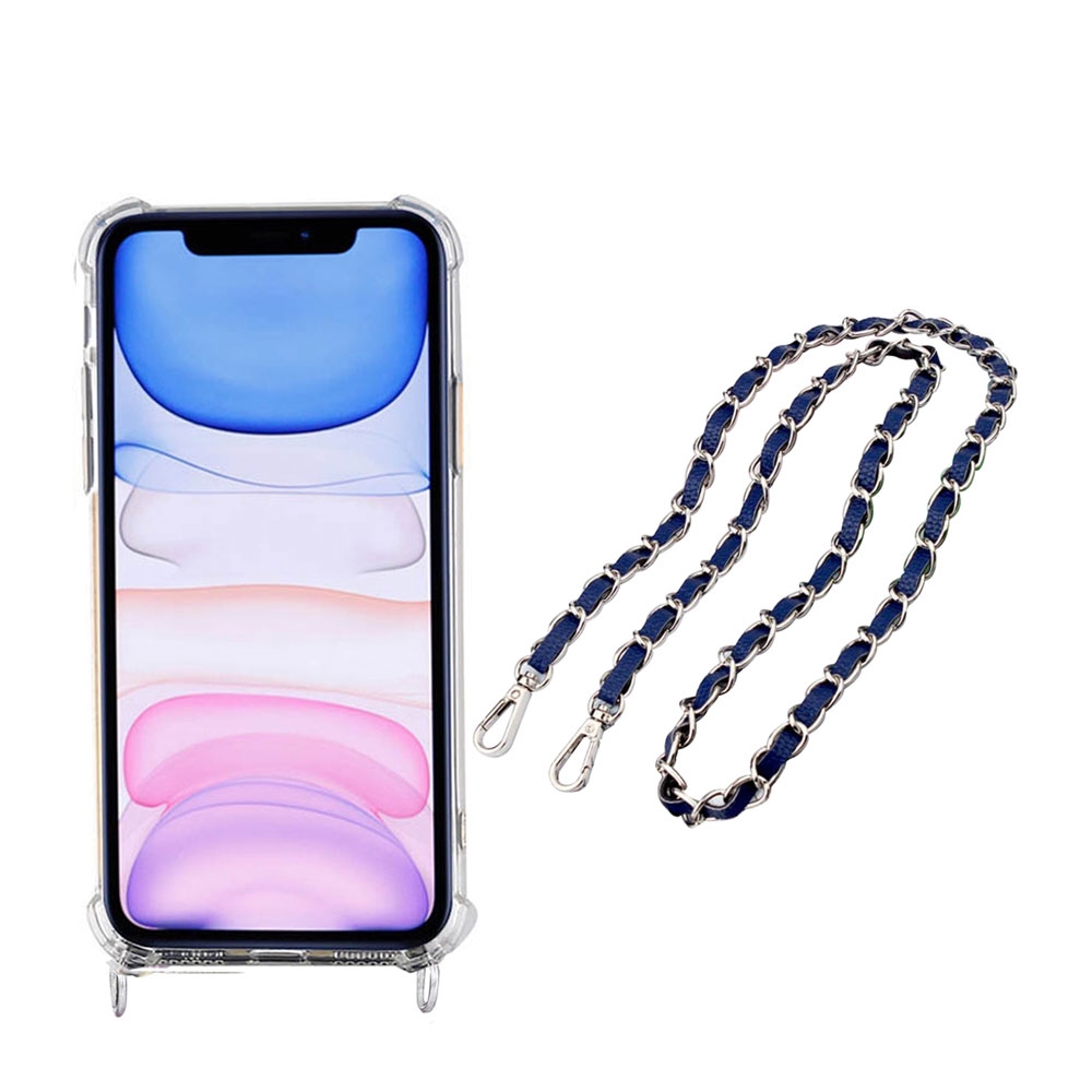 Image of Apfelkiste © - iPhone 11 Necklace Gummi Hülle Air Cushion Fallschutz + Handykette Leder / Metall (120cm) - Blau / Silber bei Apfelkiste.ch