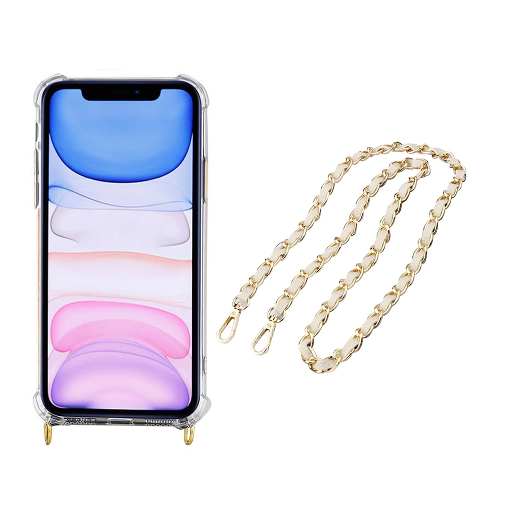 Image of Apfelkiste © - iPhone 11 Necklace Gummi Hülle Air Cushion Fallschutz + Handykette Leder / Metall (120cm) - Weiss / Gold bei Apfelkiste.ch