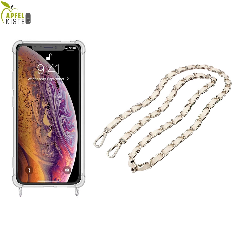 © - iPhone 11 Necklace Gummi Hülle Air Cushion Fallschutz + Handykette Leder / Metall (120cm) - Weiss / Silber