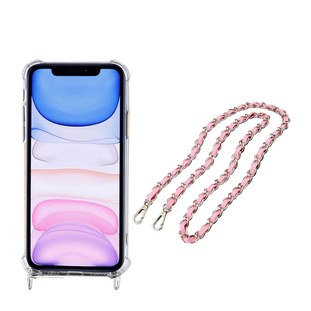Image of Apfelkiste © - iPhone 11 Pro Necklace Gummi Hülle Air Cushion Fallschutz + Handykette Leder / Metall (120cm) - Rosa / Silber bei Apfelkiste.ch