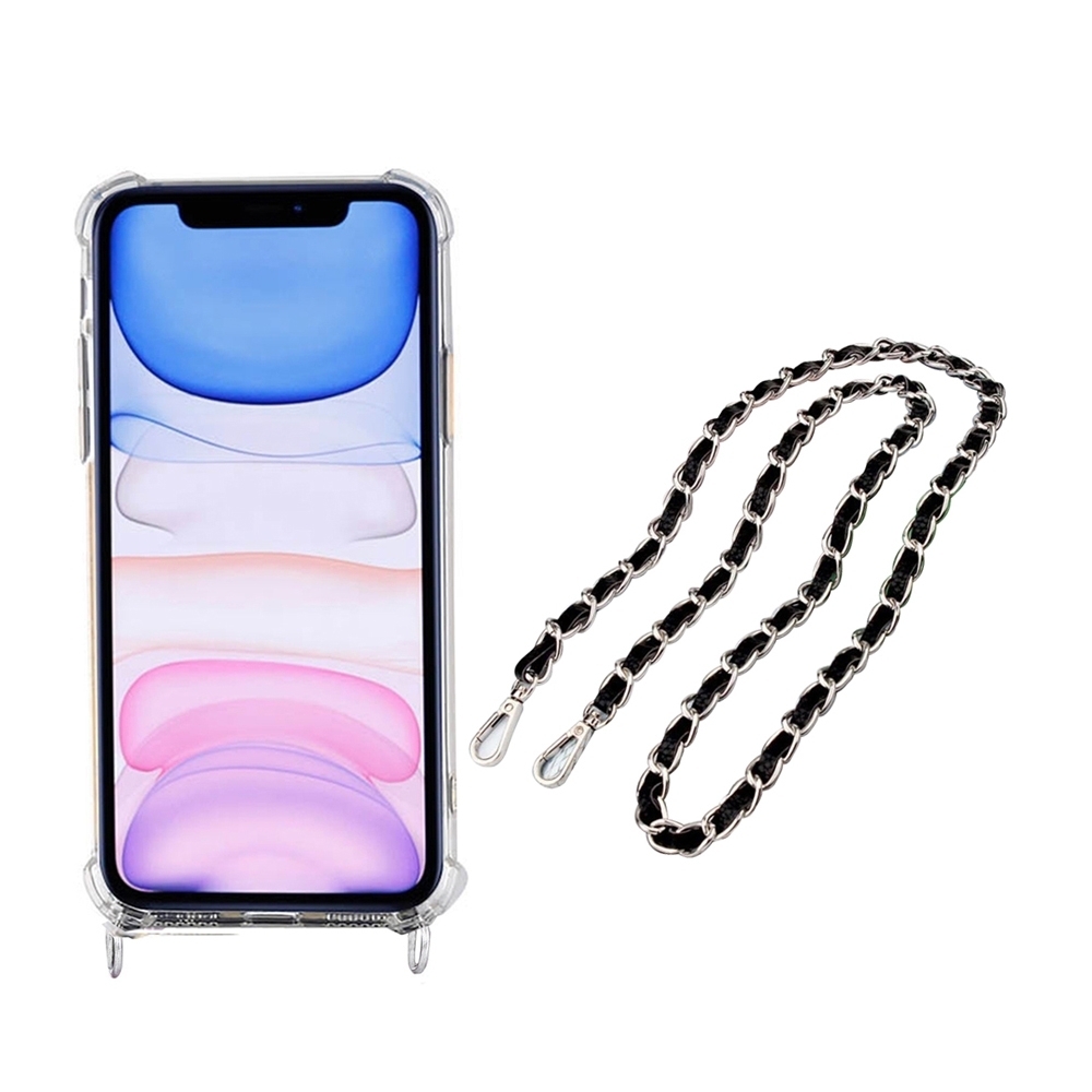 Image of Apfelkiste © - iPhone 11 Pro Necklace Gummi Hülle Air Cushion Fallschutz + Handykette Leder / Metall (120cm) - Schwarz / Silber bei Apfelkiste.ch