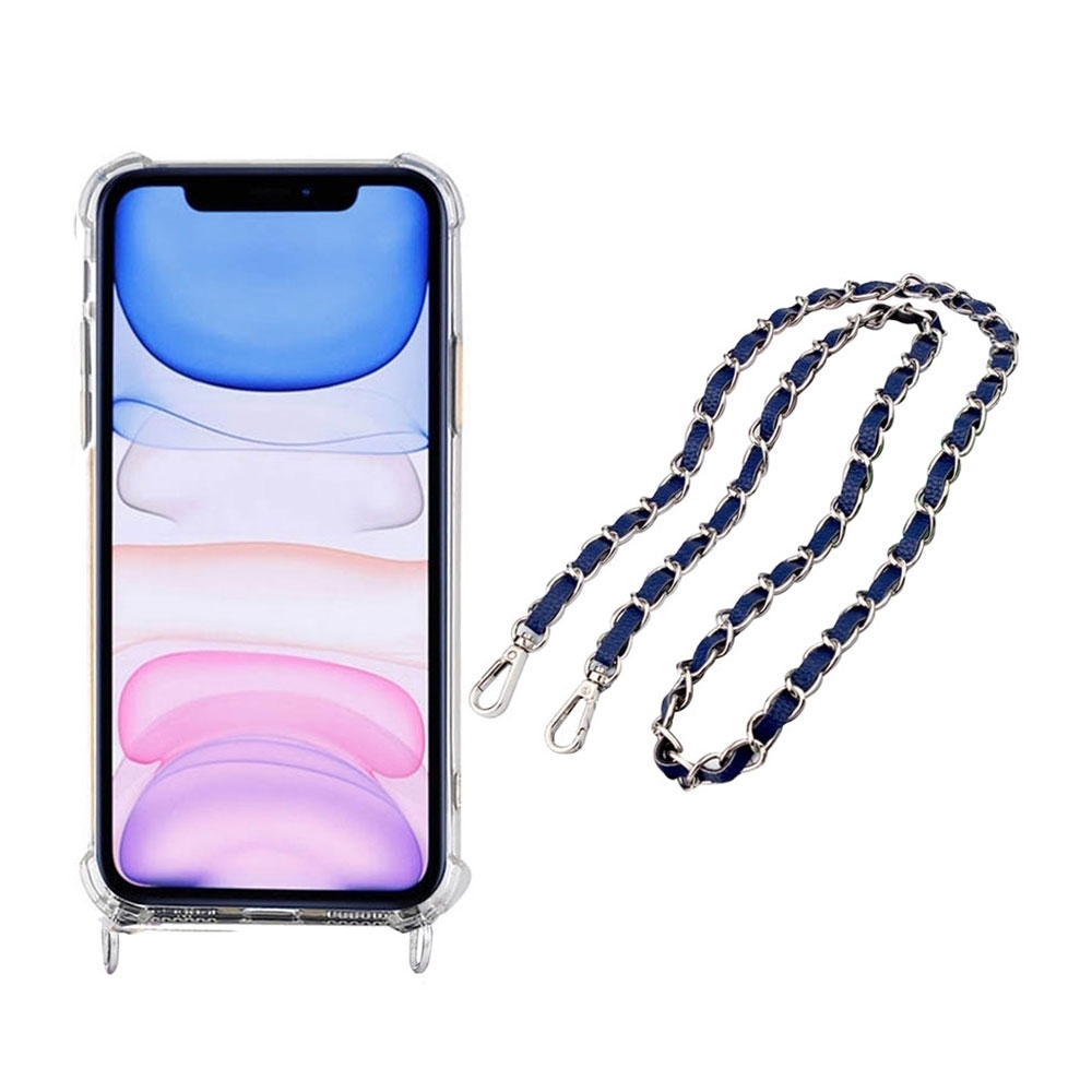 Image of Apfelkiste © - iPhone 11 Pro Max Necklace Gummi Hülle Air Cushion Fallschutz + Handykette Leder / Metall (120cm) - Blau / Silber bei Apfelkiste.ch