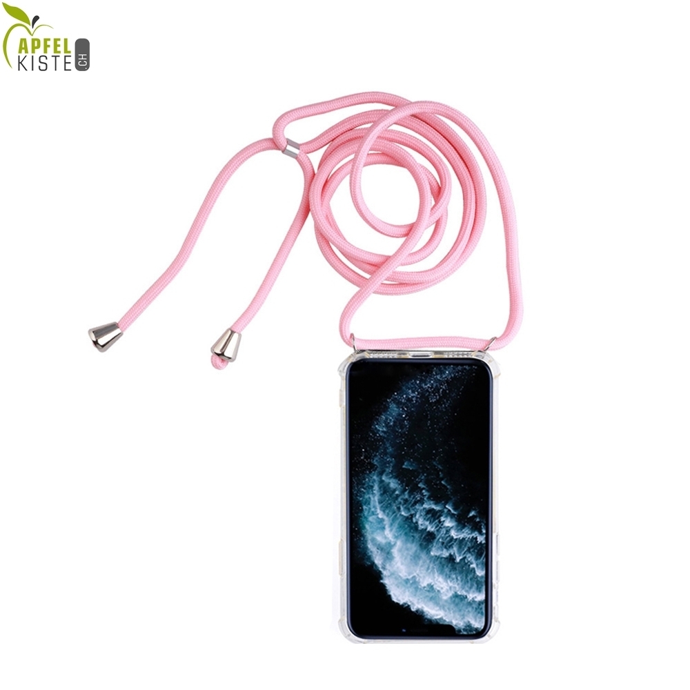 © - iPhone 11 Pro Max Necklace Gummi Hülle Air Cushion Fallschutz + Handykette (150cm) - Rosa / Silber