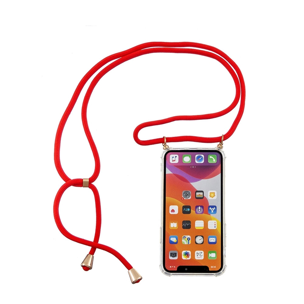 Image of Apfelkiste © - iPhone 12 Mini Necklace Gummi Hülle Air Cushion Fallschutz + Handykette (150cm) - Rot / Gold bei Apfelkiste.ch