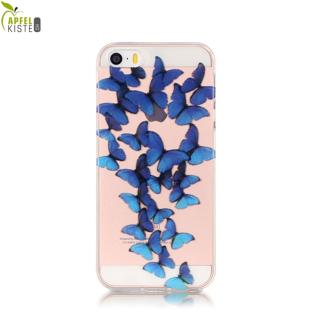 © - iPhone SE (2016) / 5 / 5S Gummi Case Hülle Ultra Thin 0.8 mm Blauer Schmetterling Schwarm - Transparent