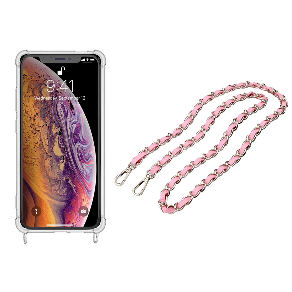 Image of Apfelkiste © - iPhone Xr Necklace Gummi Hülle Air Cushion Fallschutz + Handykette Leder / Metall (120cm) - Rosa / Silber bei Apfelkiste.ch