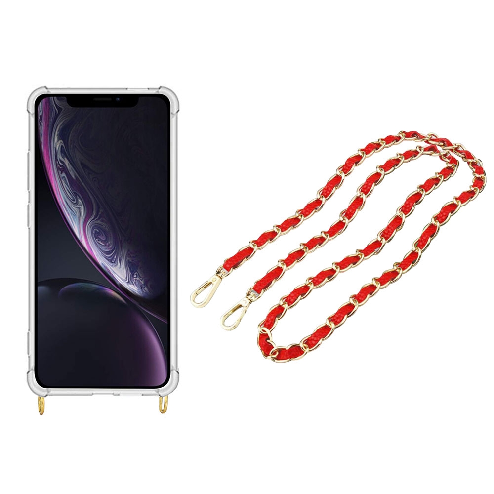 Image of Apfelkiste © - iPhone Xr Necklace Gummi Hülle Air Cushion Fallschutz + Handykette Leder / Metall (120cm) - Rot / Gold bei Apfelkiste.ch