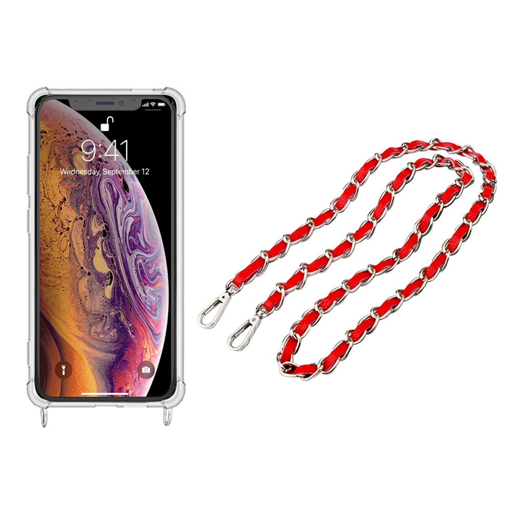 Image of Apfelkiste © - iPhone Xr Necklace Gummi Hülle Air Cushion Fallschutz + Handykette Leder / Metall (120cm) - Rot / Silber bei Apfelkiste.ch