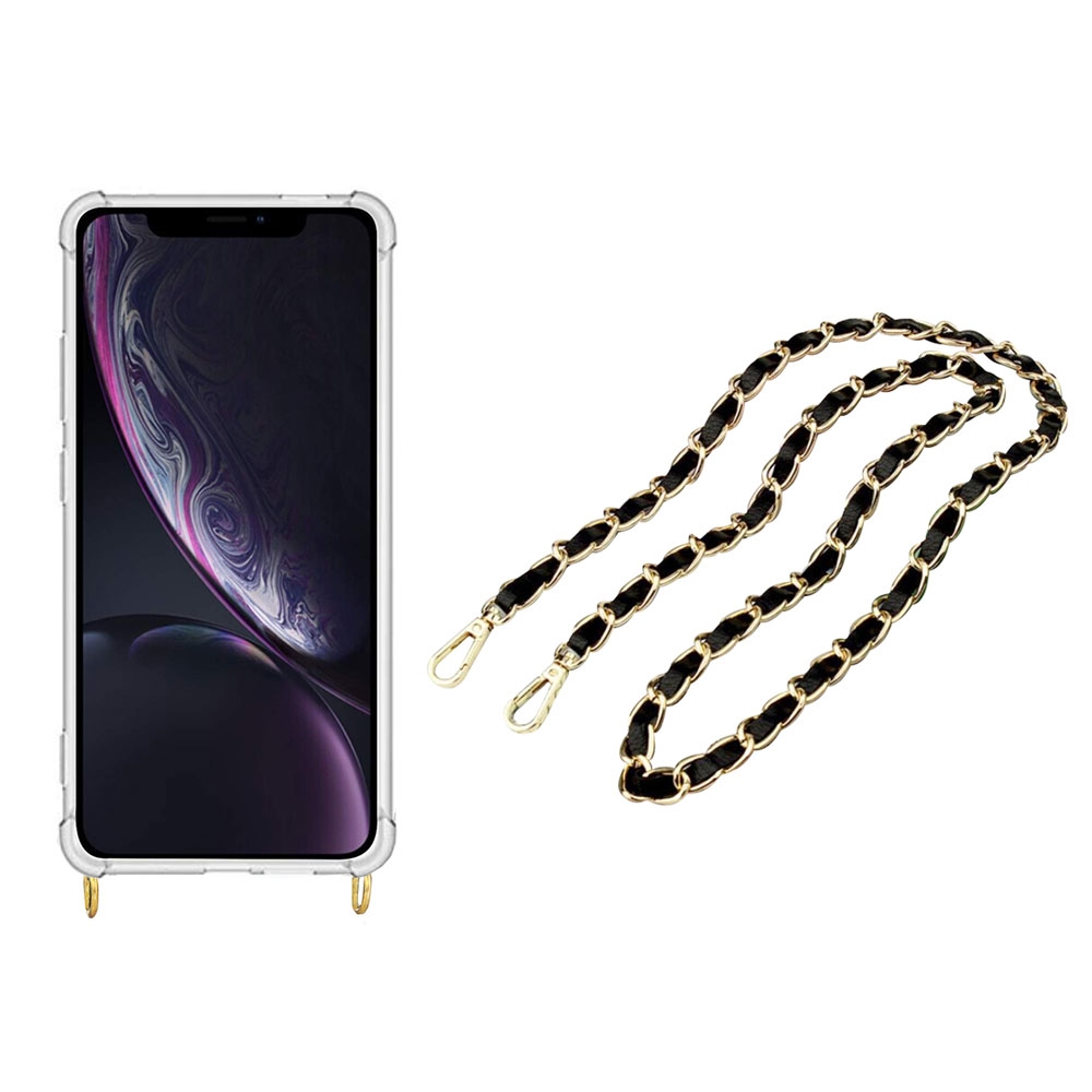 Image of Apfelkiste © - iPhone Xr Necklace Gummi Hülle Air Cushion Fallschutz + Handykette Leder / Metall (120cm) - Schwarz / Gold bei Apfelkiste.ch
