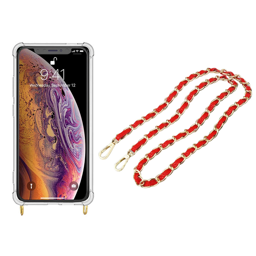 Image of Apfelkiste © - iPhone Xs / X Necklace Gummi Hülle Air Cushion Fallschutz + Handykette Leder / Metall (120cm) - Rot / Gold bei Apfelkiste.ch