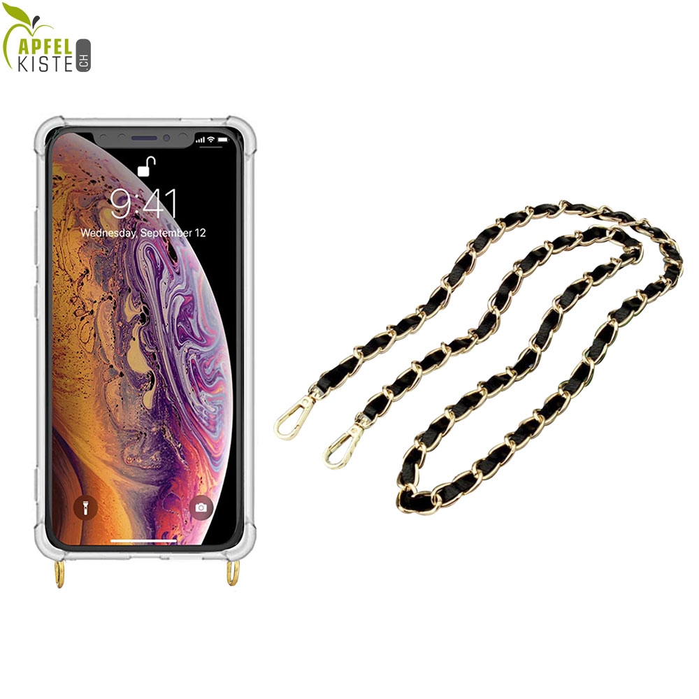 © - iPhone Xs / X Necklace Gummi Hülle Air Cushion Fallschutz + Handykette Leder / Metall (120cm) - Schwarz / Gold