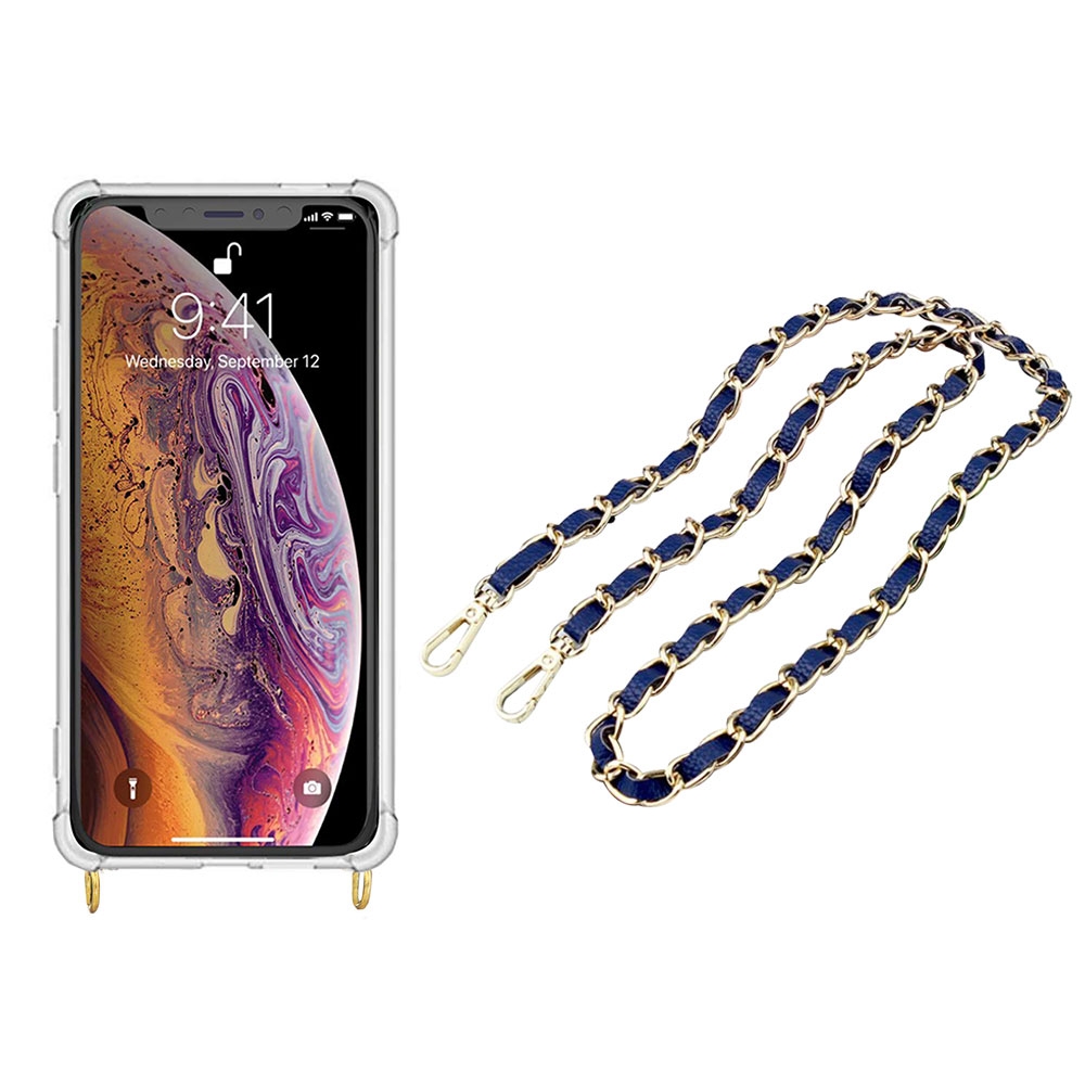 Image of Apfelkiste © - iPhone Xs Max Necklace Gummi Hülle Air Cushion Fallschutz + Handykette Leder / Metall (120cm) - Blau / Gold bei Apfelkiste.ch