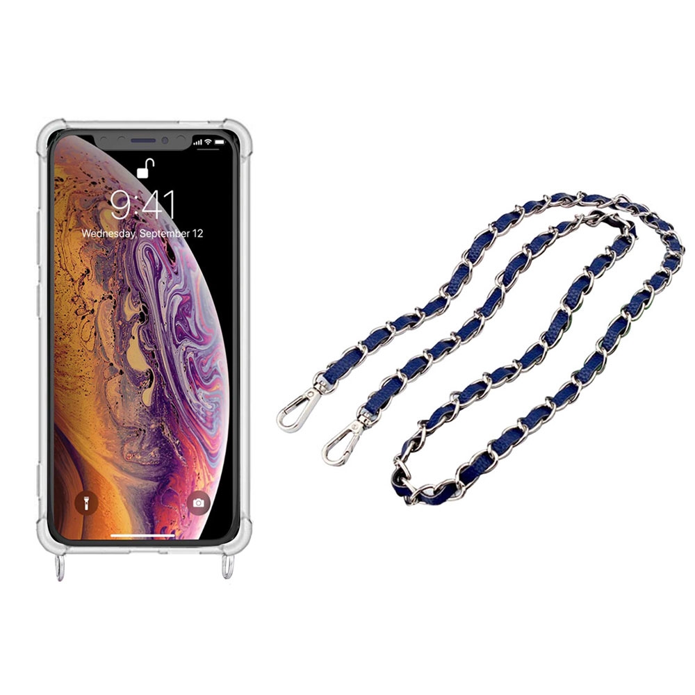Image of Apfelkiste © - iPhone Xs Max Necklace Gummi Hülle Air Cushion Fallschutz + Handykette Leder / Metall (120cm) - Blau / Silber bei Apfelkiste.ch