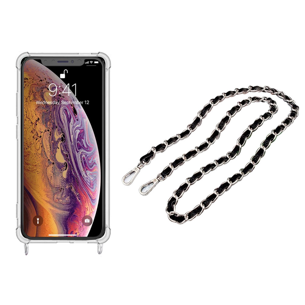 Image of Apfelkiste © - iPhone Xs Max Necklace Gummi Hülle Air Cushion Fallschutz + Handykette Leder / Metall (120cm) - Schwarz / Silber bei Apfelkiste.ch