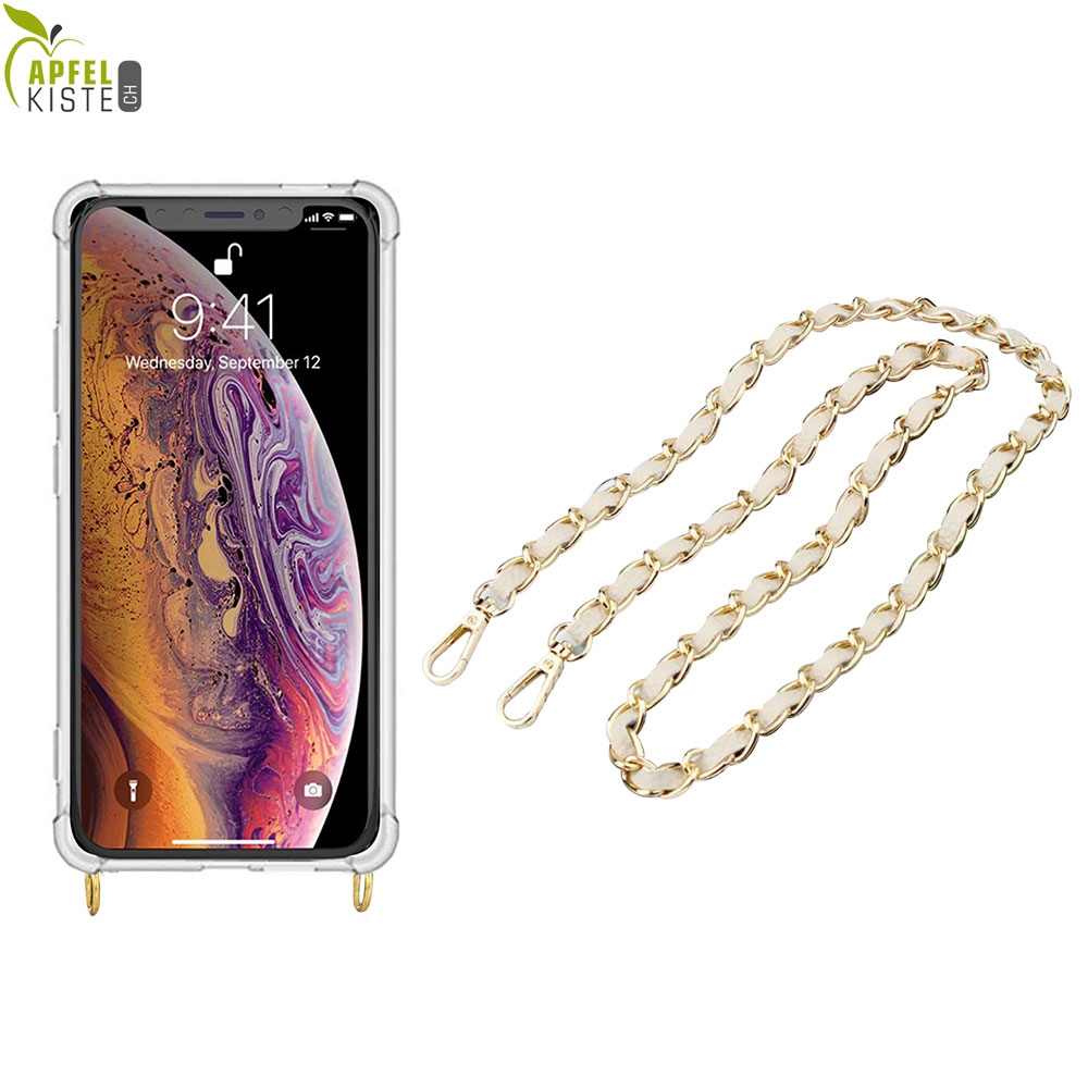© - iPhone Xs Max Necklace Gummi Hülle Air Cushion Fallschutz + Handykette Leder / Metall (120cm) - Weiss / Gold