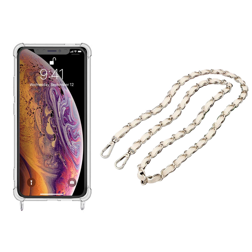 Image of Apfelkiste © - iPhone Xs Max Necklace Gummi Hülle Air Cushion Fallschutz + Handykette Leder / Metall (120cm) - Weiss / Silber bei Apfelkiste.ch