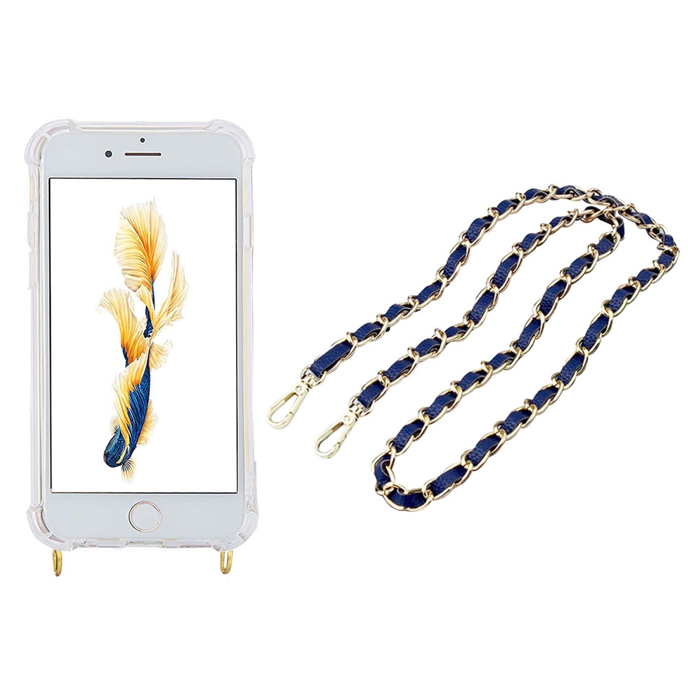 Image of Apfelkiste © - iPhone SE (2022/2020) / 8 / 7 Necklace Gummi Hülle Air Cushion Fallschutz + Handykette Leder / Metall (120cm) - Blau / Gold bei Apfelkiste.ch