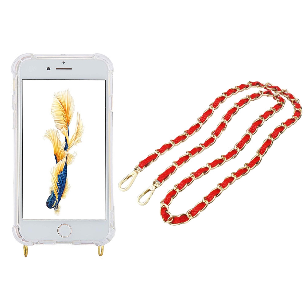 Image of Apfelkiste © - iPhone SE (2022/2020) / 8 / 7 Necklace Gummi Hülle Air Cushion Fallschutz + Handykette Leder / Metall (120cm) - Rot / Gold bei Apfelkiste.ch