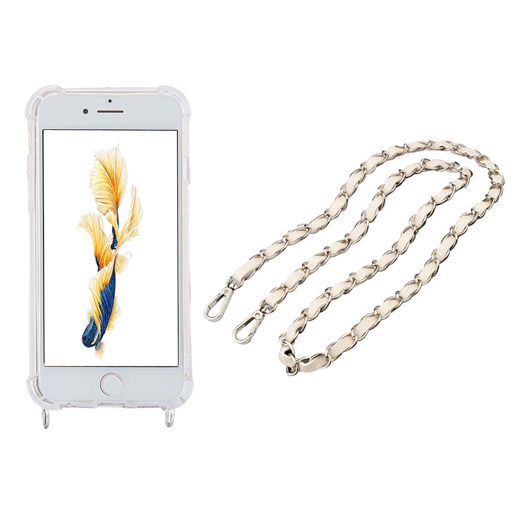 Image of Apfelkiste © - iPhone SE (2022/2020) / 8 / 7 Necklace Gummi Hülle Air Cushion Fallschutz + Handykette Leder / Metall (120cm) - Weiss / Silber bei Apfelkiste.ch