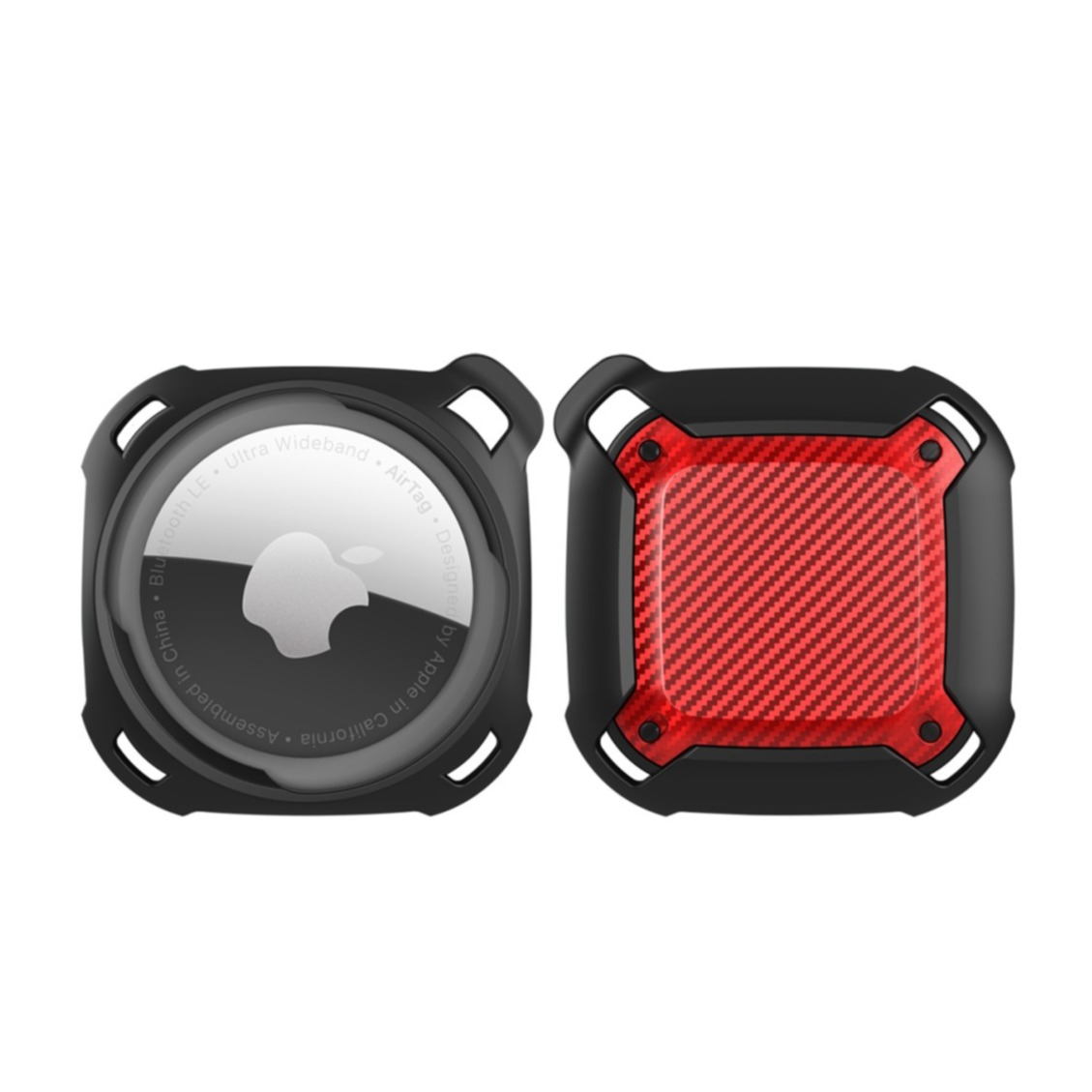 Image of Apple AirTag Hybrid Hülle Schlüsselanhänger Carbon Fiber Look mit Karabinerhaken - Schwarz / Rot bei Apfelkiste.ch