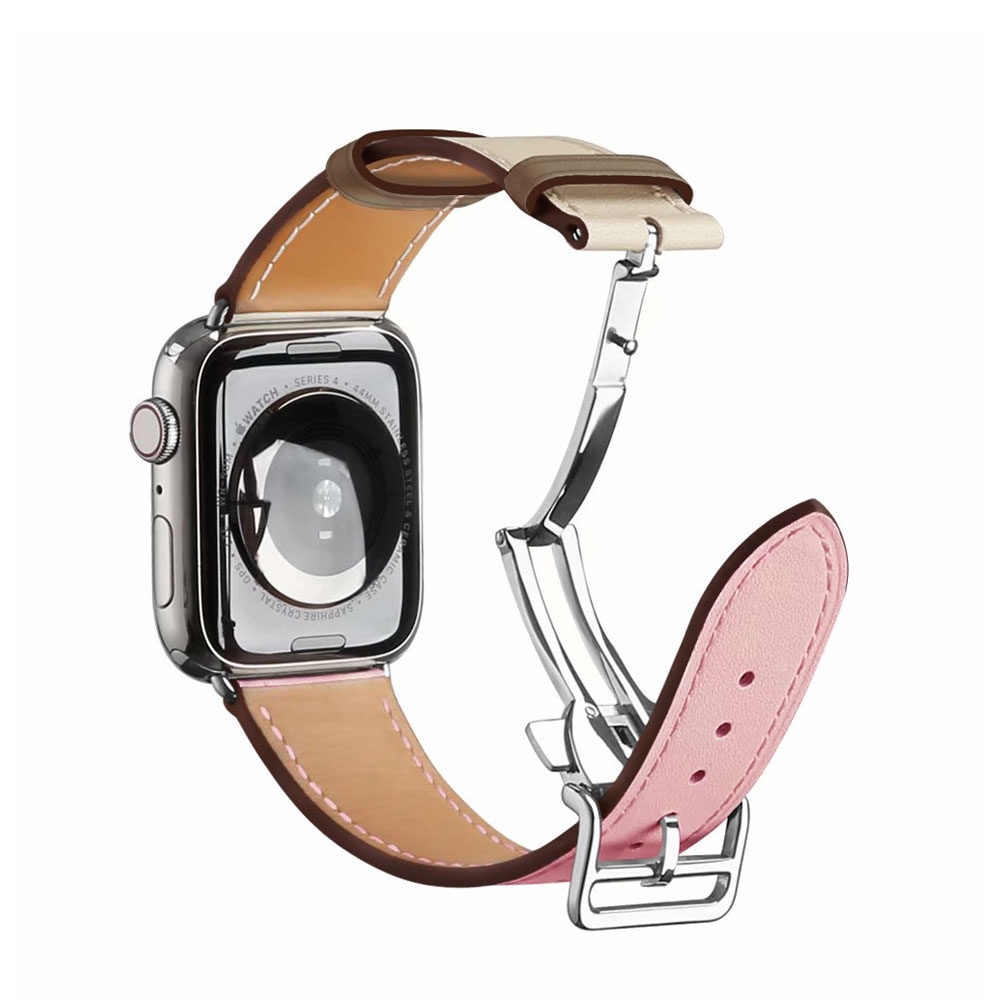 Image of (Gr. XL) Apple Watch (41/40/38 mm) Echtleder Armband mit Butterfly Verschluss (Gelenkumfang 180-230 mm) - Rosa / Weiss bei Apfelkiste.ch