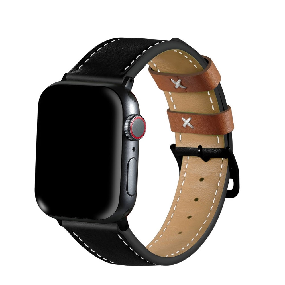 Image of (Gr. L) Apple Watch (41/40/38 mm) Echtleder Ersatz Armband mit Dornschliesse (Gelenkumfang 175-225 mm) - Schwarz / Braun bei Apfelkiste.ch