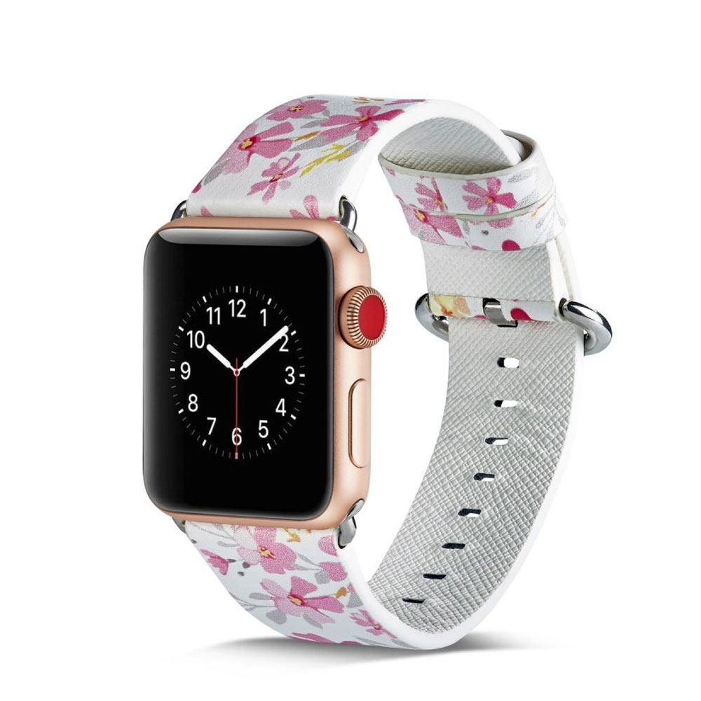 Image of (Gr. M) Apple Watch (41/40/38 mm) Echtleder Armband mit Metallverschluss (Gelenkumfang 160-228 mm) - Blumen (Weiss/Rosa) bei Apfelkiste.ch