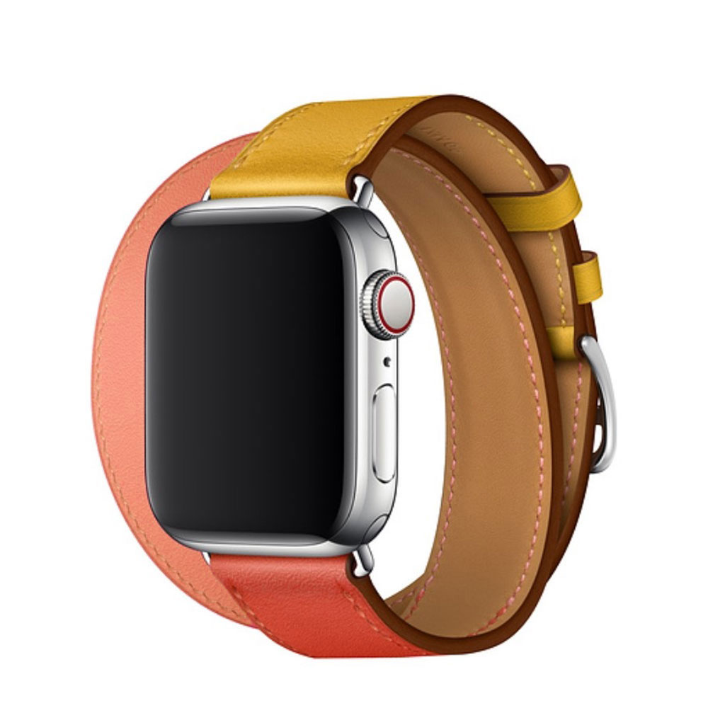 Image of Apple Watch (41/40/38 mm) Modisches Ersatz Echtleder Doppelband Armband (One Size) - Rosa / Gelb / Rot bei Apfelkiste.ch