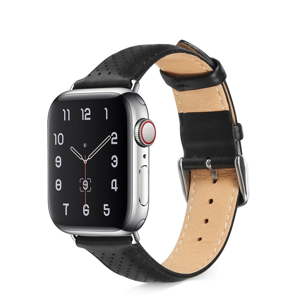 Image of (Gr. XL) Apple Watch (45/44/42 mm) Klassisches Echtleder Ersatz Armband mit Dornschliesse (Gelenkumfang 188-235 mm) - Schwarz bei Apfelkiste.ch