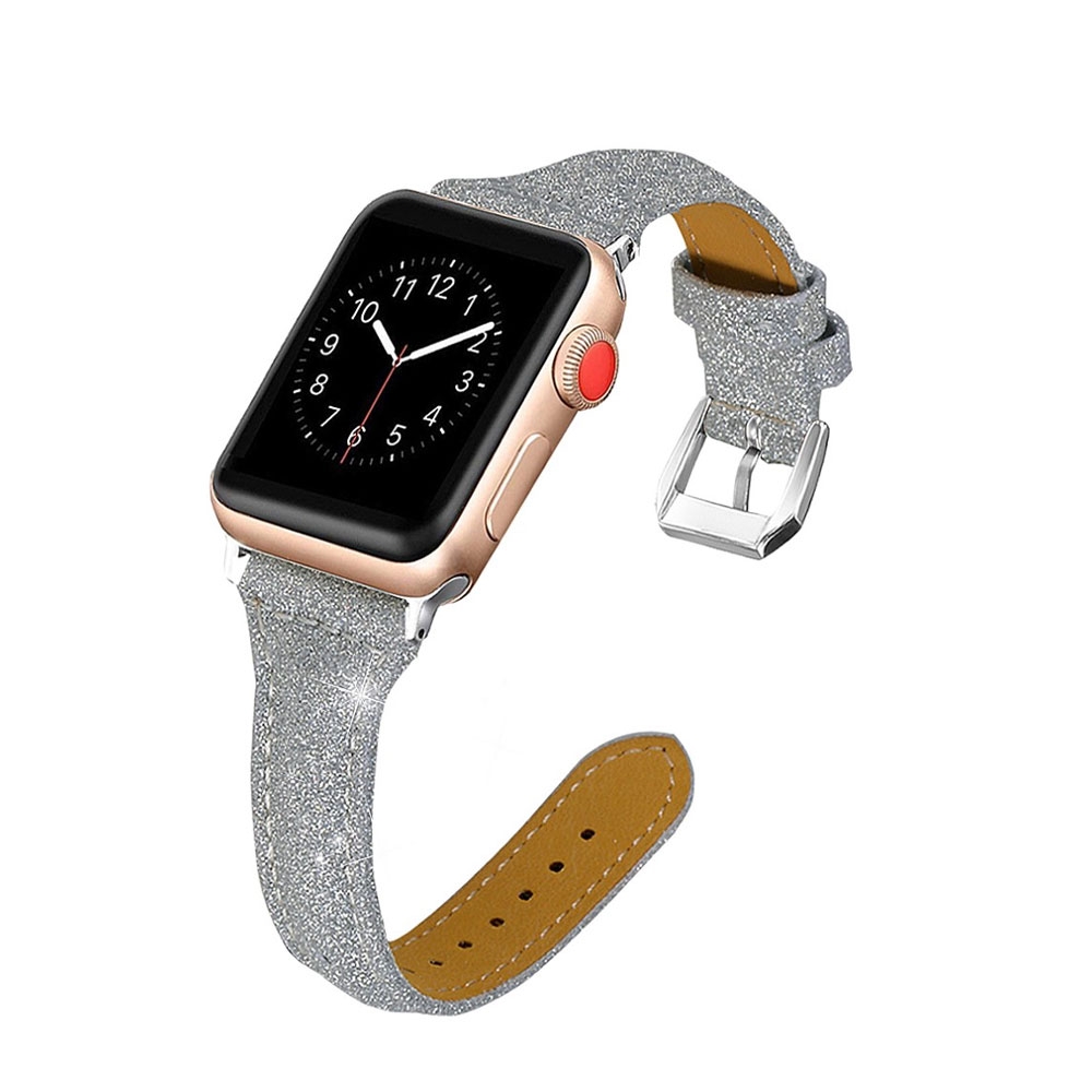 Image of (Gr. L) Apple Watch (45/44/42 mm) Ersatz Leder Armband im Glitzer Design (Gelenkumfang 171-226 mm) - Silber bei Apfelkiste.ch
