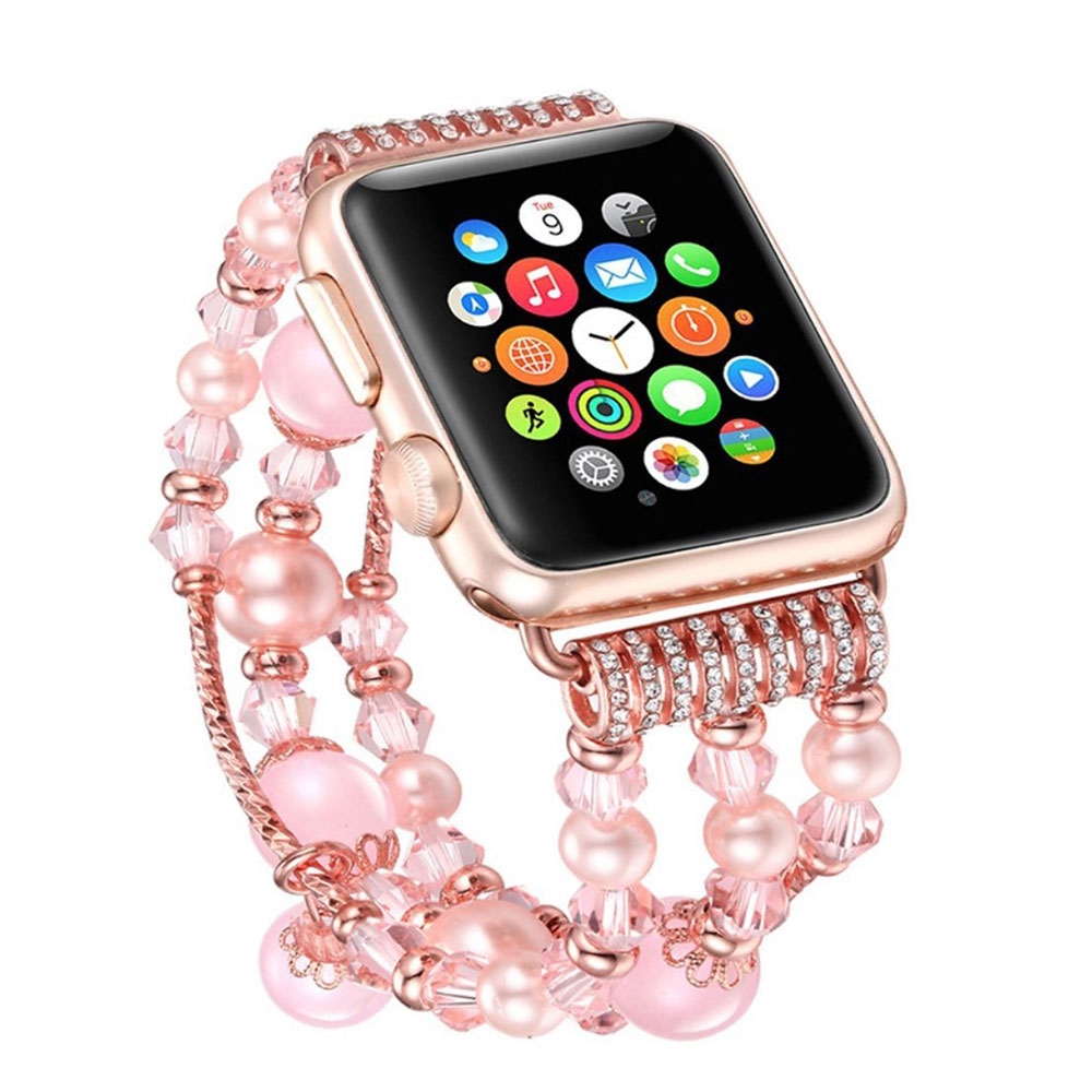 Apple Watch (42 mm / 44 mm) Elastisches Glitzer Perlen Ersatz Armband - Gold / Rosa