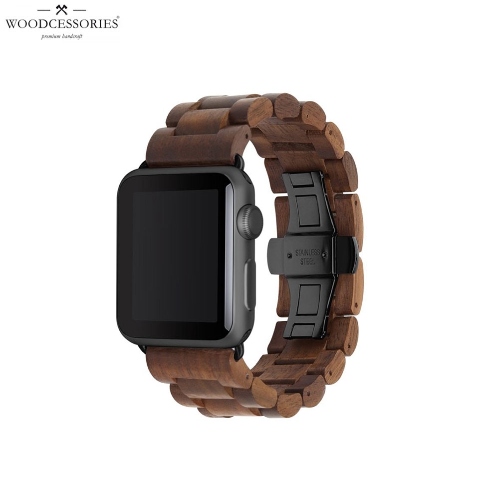 Apple Watch (42 mm / 44 mm) EcoStrap Echt Holz Armband Walnuss FSC Zertifiziert (ECO146) - Dunkelbraun / Schwarz