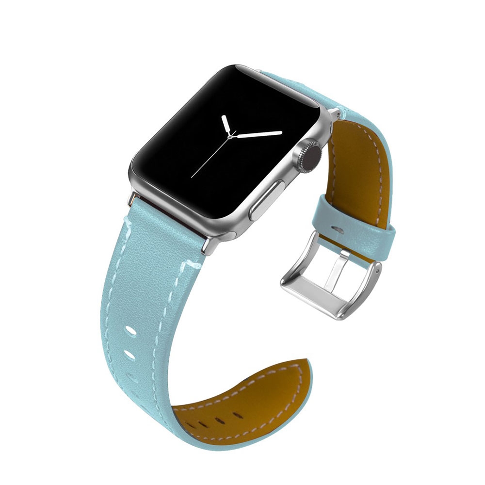 Image of (Gr. L) Apple Watch (45/44/42 mm) Klassiches Echtleder Ersatz Armband mit Metallverschluss (Gelenkumfang 175-220 mm) - Hellblau bei Apfelkiste.ch