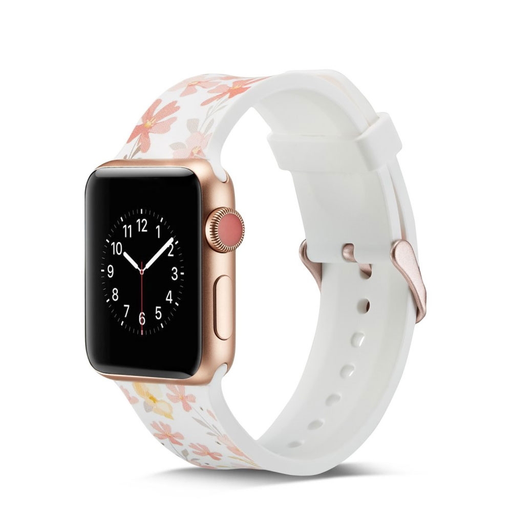 Image of (Gr. M) Apple Watch (45/44/42 mm) Silikon Sport Armband mit Dornschliesse (Gelenkumfang 165-228 mm) - Blumen (Weiss/Rot) bei Apfelkiste.ch