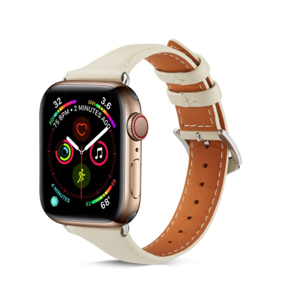 Image of Apple Watch (45/44/42 mm) Echtleder Ersatz Armband Slim mit Dornschliesse (Gelenkumfang: 175-215mm) - Beige / Silber bei Apfelkiste.ch