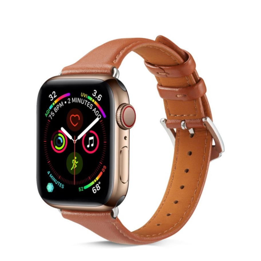 Image of Apple Watch (45/44/42 mm) Echtleder Ersatz Armband Slim mit Dornschliesse (Gelenkumfang: 175-215mm) - Braun / Silber bei Apfelkiste.ch